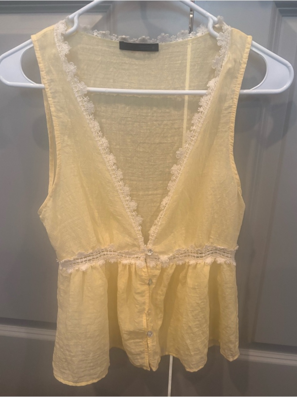 Zara Pale Yellow Lace-Trim Button-Front Camisole